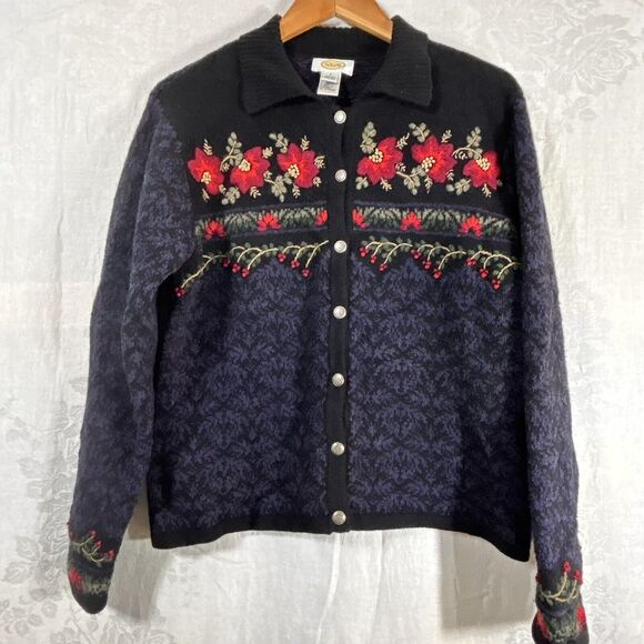 Vintage Cardigan Sweater Large Black Lambswool Silk Floral Embroidered 3D Talbot - Picture 1 of 16